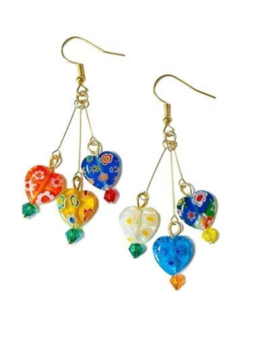 4187 Murano Style Glass Earrings, Colorful Heart Shape Millefiori Beads